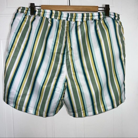 Mid Length Khaki Stripe Swim Shorts - Picture 2 of 4